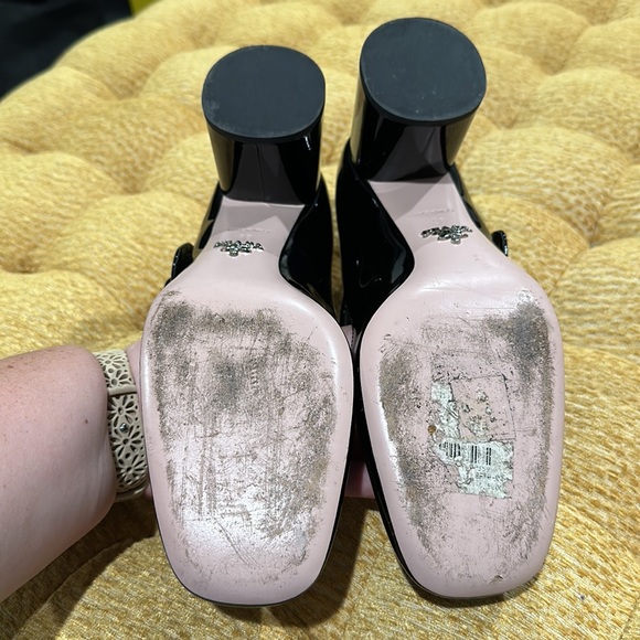 Prada Glossy Leather Block Heels with Silver Flower - Picture 9 of 11